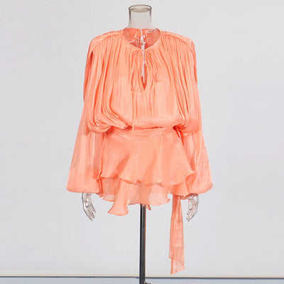 TWOTWINSTYLE Solid Spliced Lace Up Loose Dresses For Women O Neck Long Sleeve High Waist Temperament Dress Female Fashion New - Smarsty