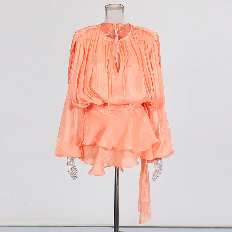 TWOTWINSTYLE Solid Spliced Lace Up Loose Dresses For Women O Neck Long Sleeve High Waist Temperament Dress Female Fashion New - Smarsty