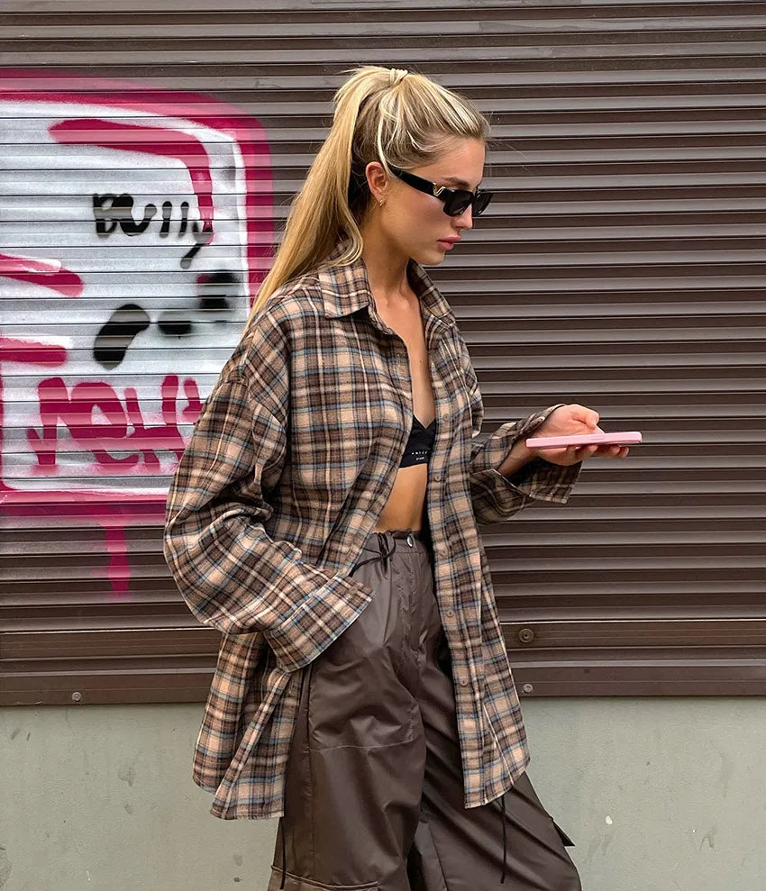 Spring Autumn Vintage Plaid Checkered Shirt Women's Long Sleeve Blouse Loose Single Breasted Casual Shirt - Smarsty