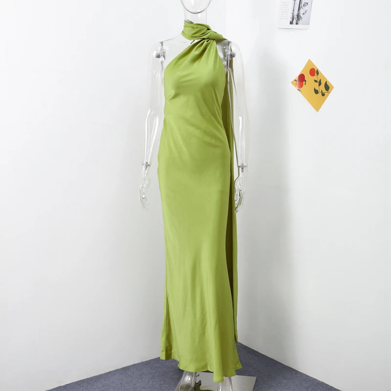 Elegant Women's Ribbon Long Satin Party Dress Halter Backless Sleeveless Female Dresses 2025 Summer Lady Solid Evening Gowns