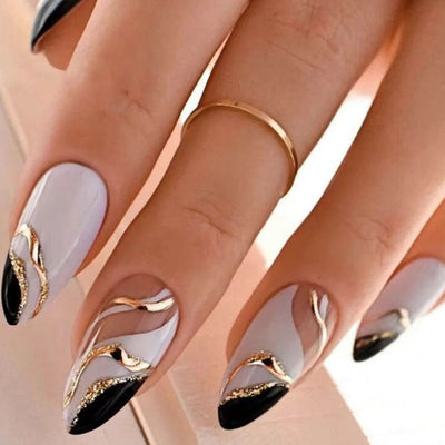 24PCS French Almond Fake Nails with Pearl Trim - Smarsty