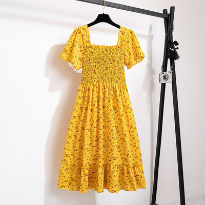 Spring Summer Chiffon Dress Women Midi DressesFemale Short Sleeve Elastic Waist Printed Floral Pleated Backless Casual Dress - Smarsty