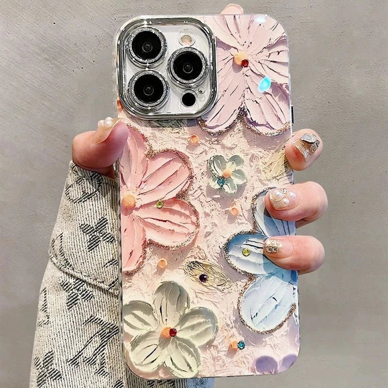 Luxury Flower Glitter Laser Phone Case For iPhone 17 Air 16 Pro Max 15 14 Plus 13 12 11 Diamond Shockproof Lens Protection Cover