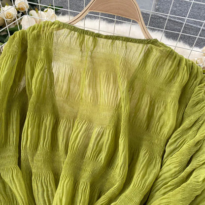 Women Sexy Chiffon Short Blouse Female See Through Super Long Sleeve Blusas Purple/Green/Black/White Folds Party Tops 2022 New - Smarsty