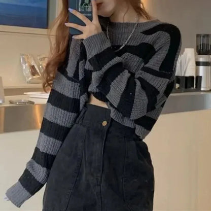 Korean Style Striped Cropped Sweater Women Vintage Oversize Knit Jumper Female Autumn Long Sleeve O-neck Pullovers Tops - Smarsty