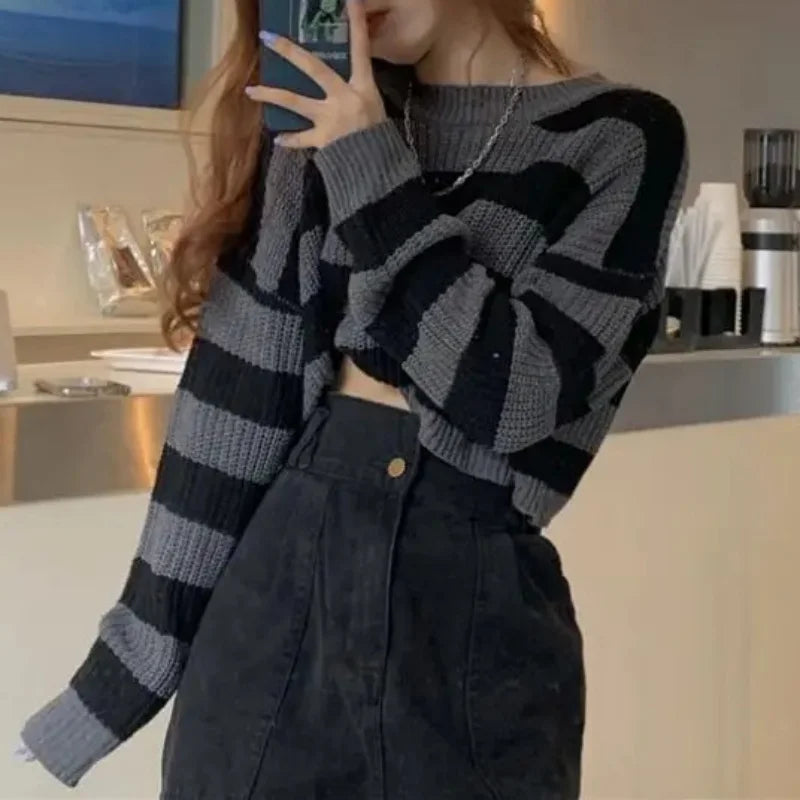 Korean Style Striped Cropped Sweater Women Vintage Oversize Knit Jumper Female Autumn Long Sleeve O-neck Pullovers Tops - Smarsty