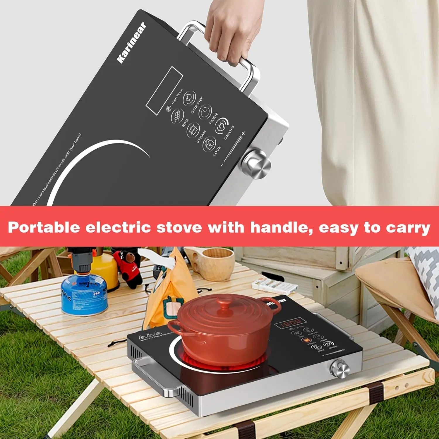 Karinear Ceramic hob 1 Zone Portable with Gummifüße, 650°C Max, 36CM, 220-240V Plug, Anti-scald Handle,2000W, Timer, Safety Lock
