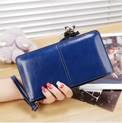 Women's Vintage Oil Wax PU Leather Clutch Wallet Female Large Capacity Phone Purse Ladies Wristband Simple Card Holder Pouch Bag