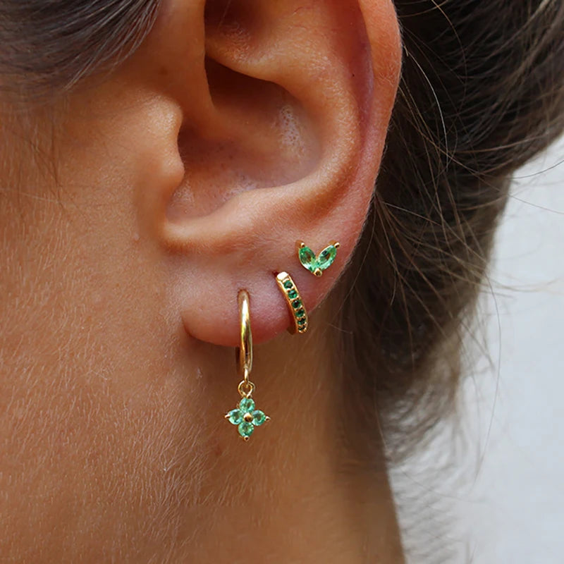 Green Zircon Flower Dangle Earrings Set for Women Fashion Jewelry - Smarsty