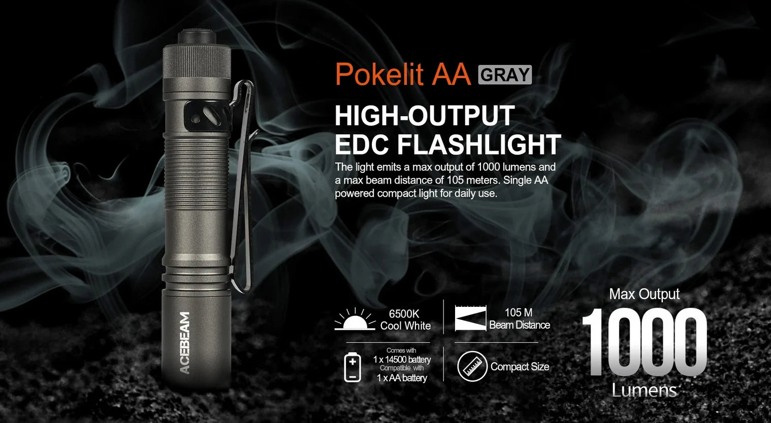 ACEBEAM Pokelit AA EDC Flashlight 1000 Lumens High CRI90 USB-C Rechargeable IP68 Small Pocket LED Flashlight for Everyday Carry