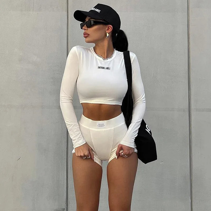 European and American Spring/Summer Round Neck Long Short sleeved 3/4 Shorts Two piece Women's Fashion Sports Versatile Set - Smarsty