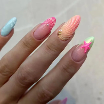 Colorful Press On Almond Nails Set with Pearl Flowers - Smarsty