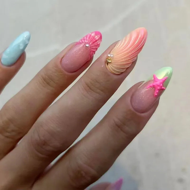 Colorful Press On Almond Nails Set with Pearl Flowers - Smarsty