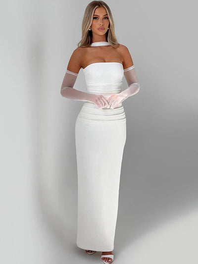 Mozision Scarf Collar Strapless Sexy Maxi Dress For Women Fashion Off-shoulder Backless Bodycon Club Party Long Dress Elegant - Smarsty