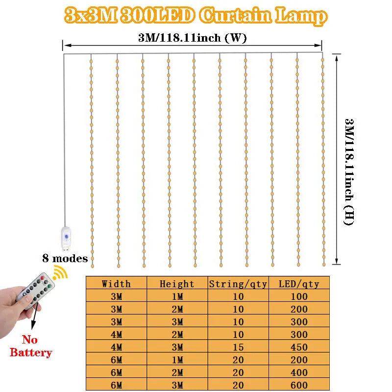 3/4/6m Curtain LED String Lights Garland USB Festoon Remote Control Fairy Garland Lights Christmas Decoration for Bedroom Home - Smarsty