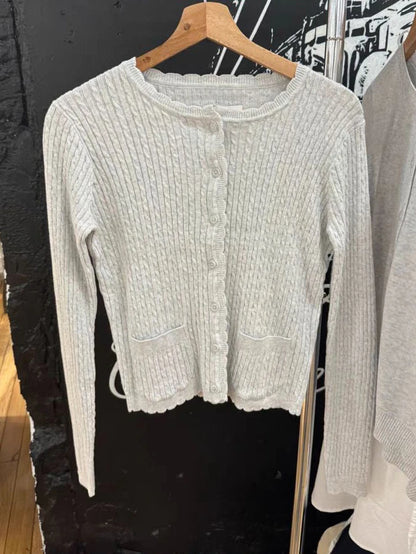 Pockets Twist Flower Knitted Sweater Cardigan O-Neck Single Breasted Long Sleeve Slim Sweaters Vintage Streetwear Gray Crop Tops - Smarsty