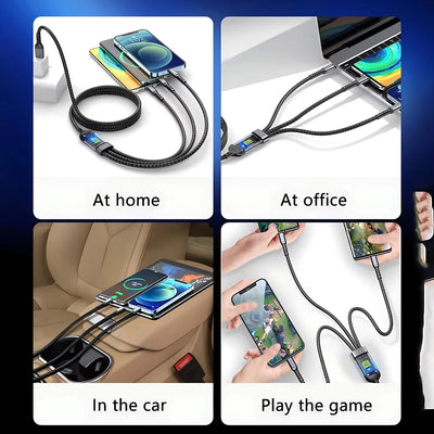 3-in-1 USB 100W 6A Fast Charger Cable Car USB To Type-C Micro LIGHTNING Cable For iPhone 16 15 14 13 Samsung Xiaomi Huawei