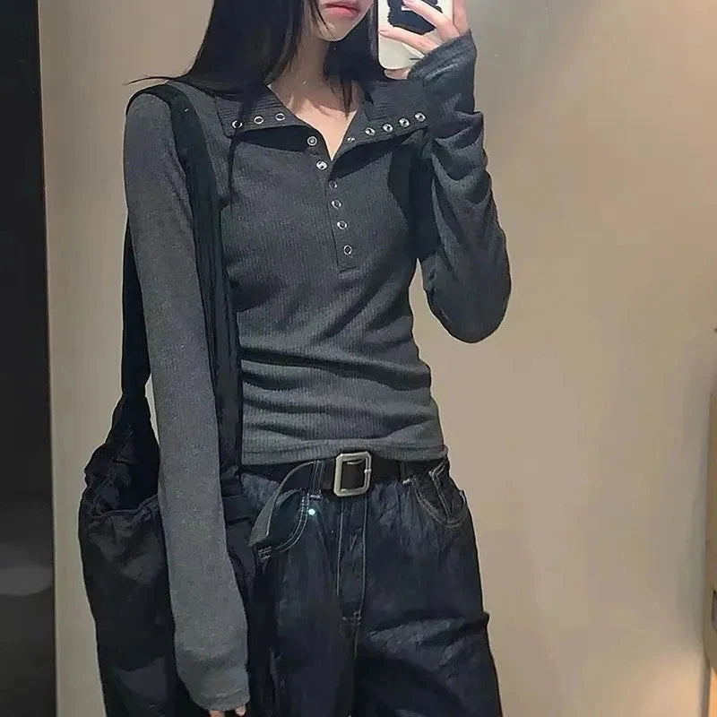 Fall Winter Long Sleeve Knit Pullovers Woman Y2K High Street Button Up Sweaters for Women Vintage Gray Ribbed Bottoming Tops - Smarsty
