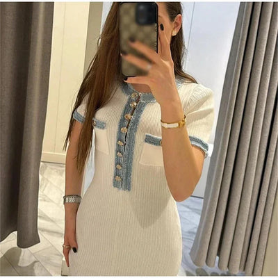 Elegant Contrasting Women Knit Maxi Dress Chic O-neck Short Sleeve Metal Buttons Bodycon Dresses Office Lady Commuting Robe - Smarsty