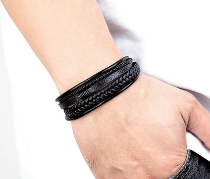 Mens Leather Bracelet Magnetic Buckle Multilayer Bangles - Smarsty