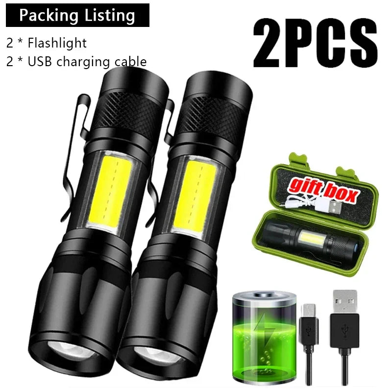 Mini LED Flashlight COB+XPE Portable Torch USB Charging Camping Lantern Zoomable Focus Light Tactical Flashlight with Pen Clip - Smarsty