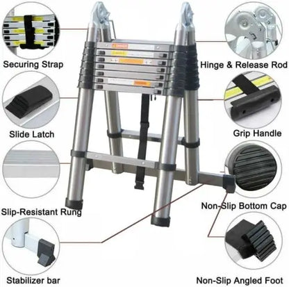 DayPlus Telescoping Ladder Stainless Steel Folding Ladder Portable Extendable Loft Ladder Capacity Max Load 150kg/330lb,EN131