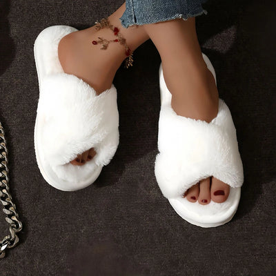 Cross Warm Fluffy Furry Slippers Women Lightweight Flat Heels Fur Slides Woman Autumn Winter Open Toe Non Slip Home Floor Shoes - Smarsty