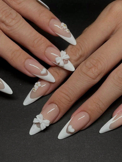 Pink Bowknot Stiletto Press On Nails 24PCS Full Cover - Smarsty