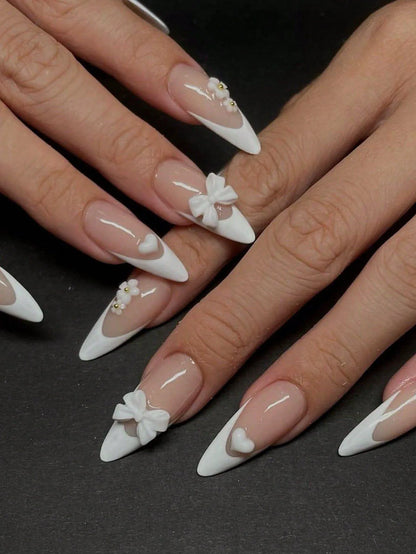 Pink Bowknot Stiletto Press On Nails 24PCS Full Cover - Smarsty
