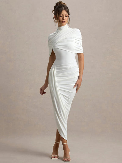 Mozision Half Sleeve Backless Ruched Sexy Maxi Dress Women Summer New Turtleneck Slim High Waist Evening Club Party Long Dress - Smarsty