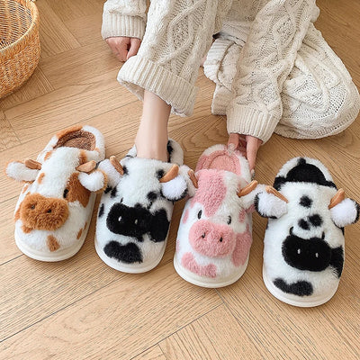 Casual Fluffy Slippers Women House Cute Cartoon Cow Designer Shoes Girl Flat Fashion Elegant Plush Winter Platform Footwear Home - Smarsty