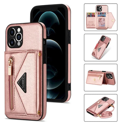 Zipper Wallet Phone Case For iPhone 14 13 12 11 X XS XR Leather Card Back Crossbody Strap Leather Magnetic Wallet Phone Case by Smarsty