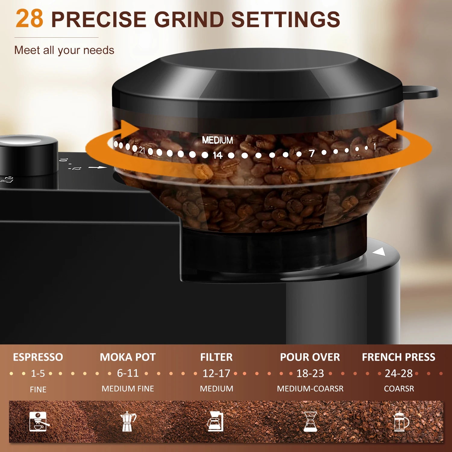 Automatic Burr Mill Coffee Grinder Electric Coffee Bean Grinding With 28 Adjustable Gears for Espresso French Press Drip Coffee - Smarsty