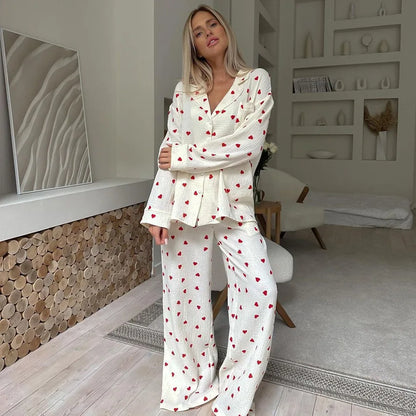 Summer New Love Heart Print Pyjama 100% Cotton Long Sleeve Set 2Pcs Outfit Lapel Sleepwear Button Down Women's Pajamas Nightwear - Smarsty