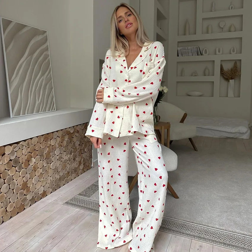 Summer New Love Heart Print Pyjama 100% Cotton Long Sleeve Set 2Pcs Outfit Lapel Sleepwear Button Down Women's Pajamas Nightwear - Smarsty