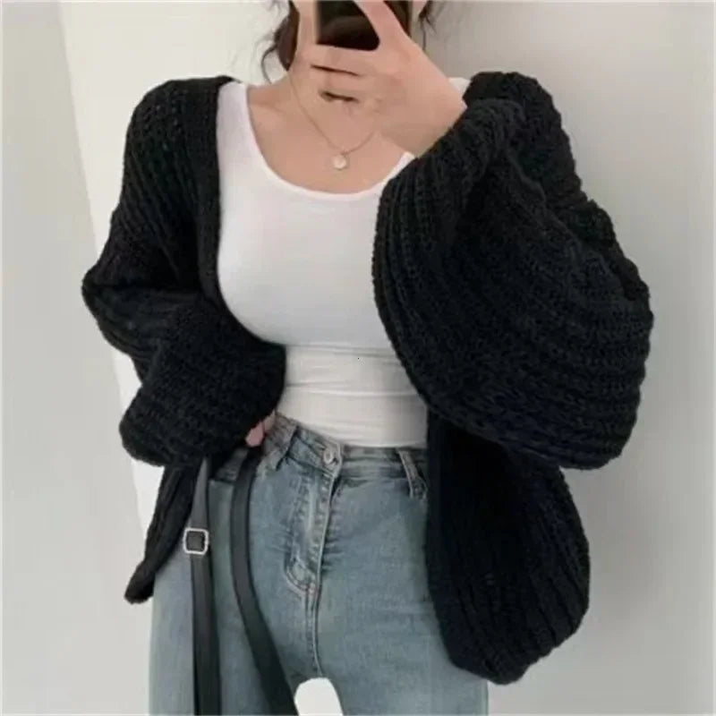 New 2024 Chic Korean Fashion Short Cardigans Knitted Poncho Women Summer Elegant Vintage Minimalist Lady Tops - Smarsty