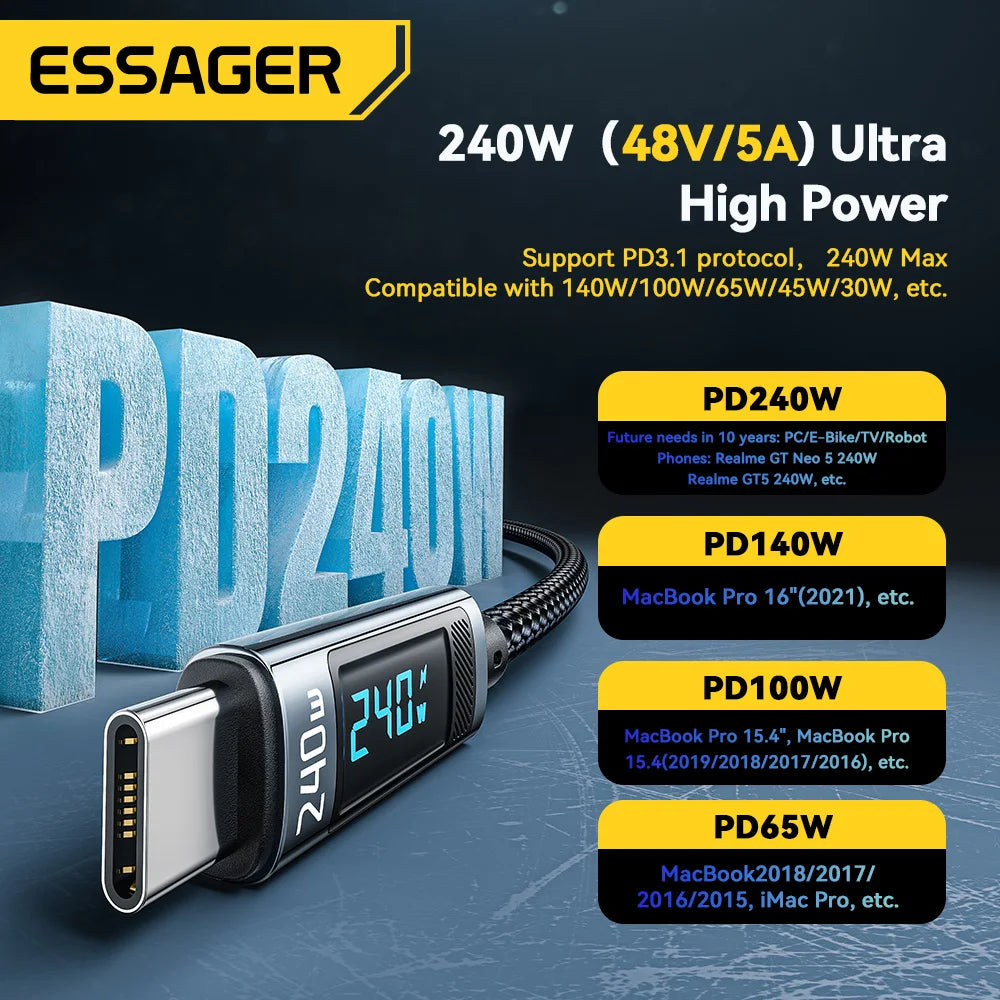 Essager 240W USB Type C To USB C Cable 100W PD 3.1 Fast Charging Charger Wire For Macbook Pro Xiaomi Samsung Laptop USBC Cord 2M - Smarsty