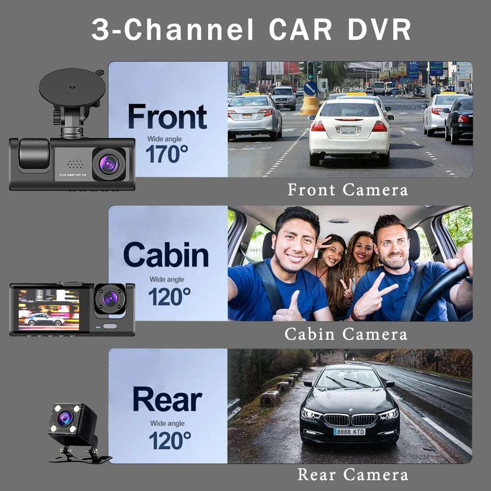 Three Channel Dash Cam 1080P With Three Lenses For Cars - Smarsty
