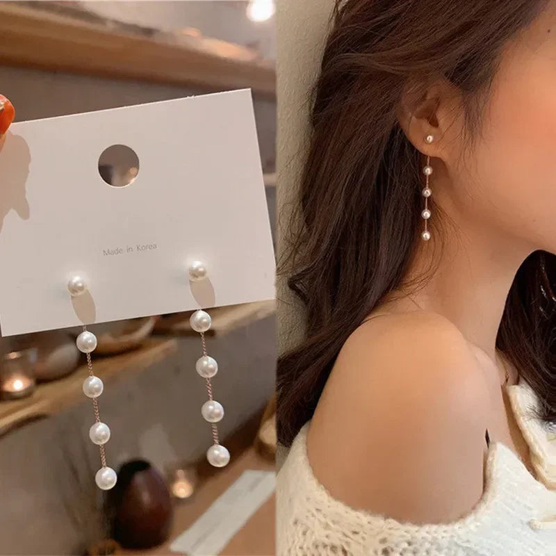 Pearl Long Earrings With Rhinestones For Wedding Fashion - Smarsty