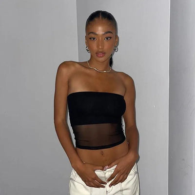 Mesh Corset Black Crop Top Women Patchwork Tube Top Sexy Sleeveless Off Shoulder Cami Summer Streetwear Slim Strapless Tank Tops - Smarsty