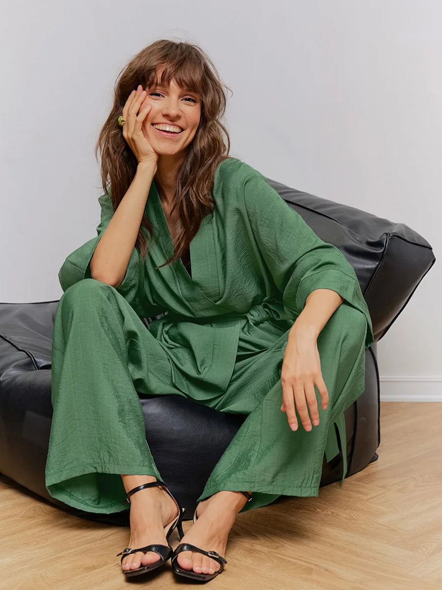 Mozuleva Women's Long Sleeved Pajama Set New Autumn Green Lace Up Pajamas Loose Pants Leisure Home Clothing 2-piece Set - Smarsty