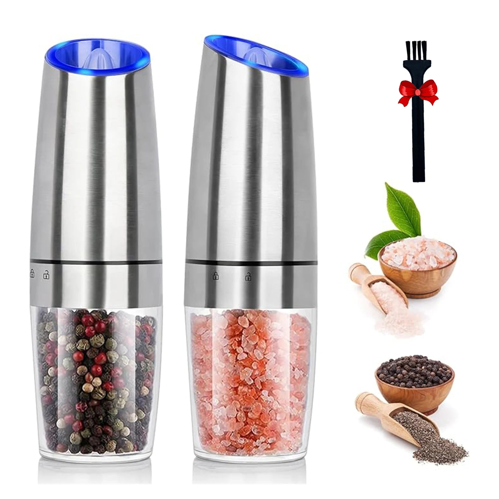 1pc/2pcs, Gravity Electric Salt And Pepper Grinder - Salt & Pepper Mill Sets With LED Light, One Hand Automatic Operation, Adjus - Smarsty