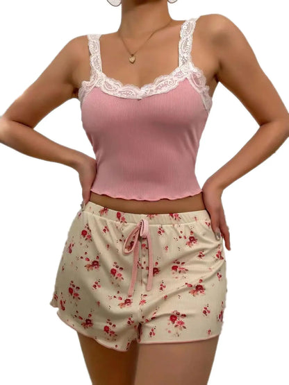 Women Pajama Set Lace Patchwork V-Neck Sleepwear Sexy Nighties Suit Camisole Top Printed Shorts Soft Pyjamas Loungewear - Smarsty
