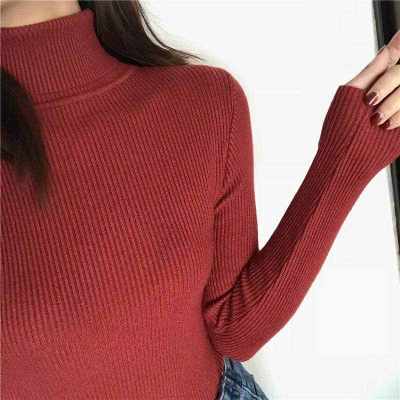 2024 Autumn Winter Thick Sweater Women Knitted Ribbed Pullover Sweater Long Sleeve Turtleneck Slim Jumper Soft Warm Pull Femme - Smarsty