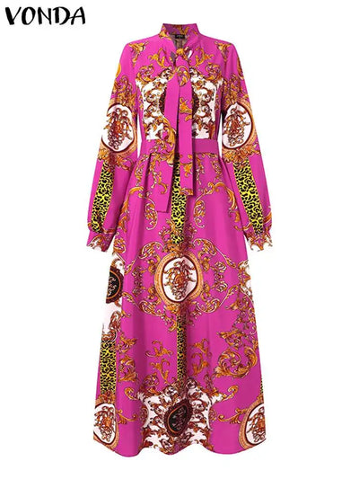 VONDA Maxi Dress 2024 Summer Women Bohemian Printed Party Sundress Long Sleeve Stand Collar Casual Robe Holiday Vestidos Belted - Smarsty