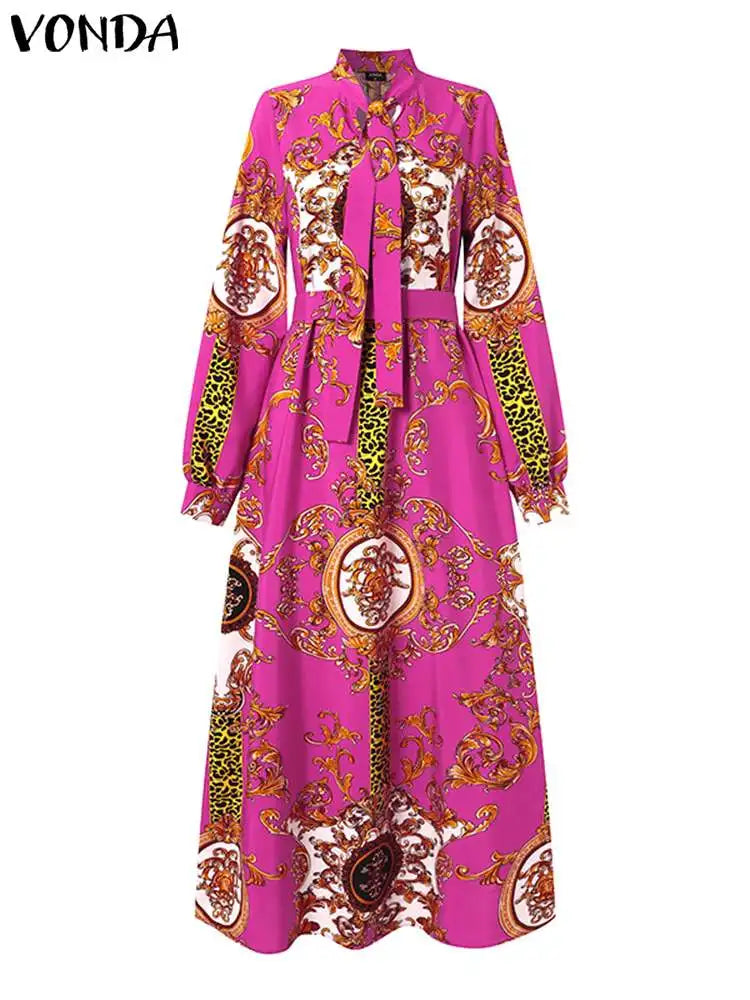 VONDA Maxi Dress 2024 Summer Women Bohemian Printed Party Sundress Long Sleeve Stand Collar Casual Robe Holiday Vestidos Belted - Smarsty