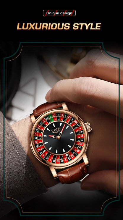 LIGE Waterproof Brown Leather Men's Roulette Watch - Smarsty