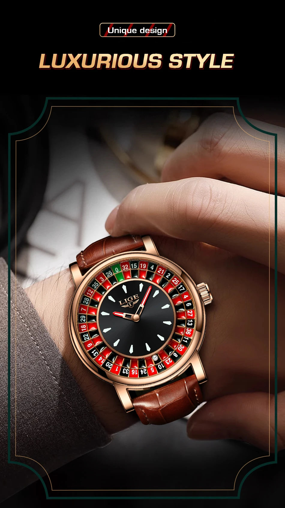 LIGE Waterproof Brown Leather Men's Roulette Watch - Smarsty