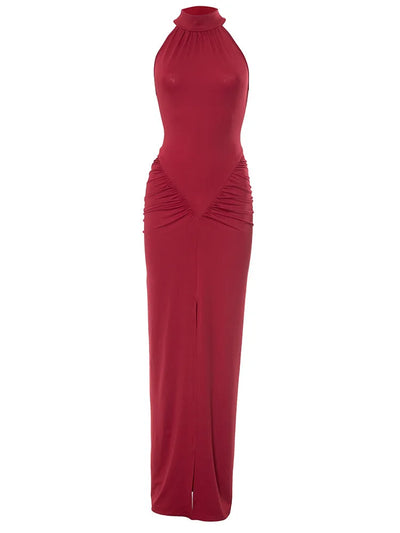 Mozision Halter Ruched Sleeveless Sexy Maxi Dress Women Gown Fashion Slim High Waist Evening Club Party Split Long Dress - Smarsty