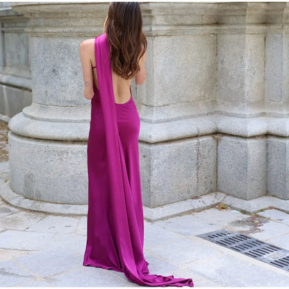 Elegant Women's Ribbon Long Satin Party Dress Halter Backless Sleeveless Female Dresses 2025 Summer Lady Solid Evening Gowns